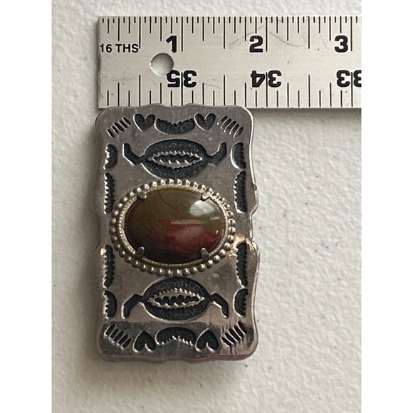 Vintage Silver Belt Buckle With Brown Stone Inlay & Southwestern Design - Picture 4 of 4